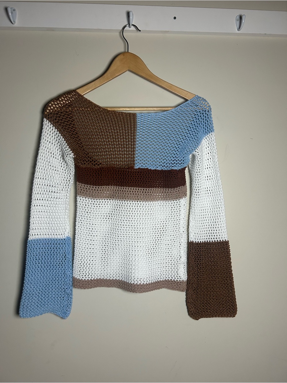 Colorblock Crochet Sweater in White, Brown & Light Blue, bell sleeves